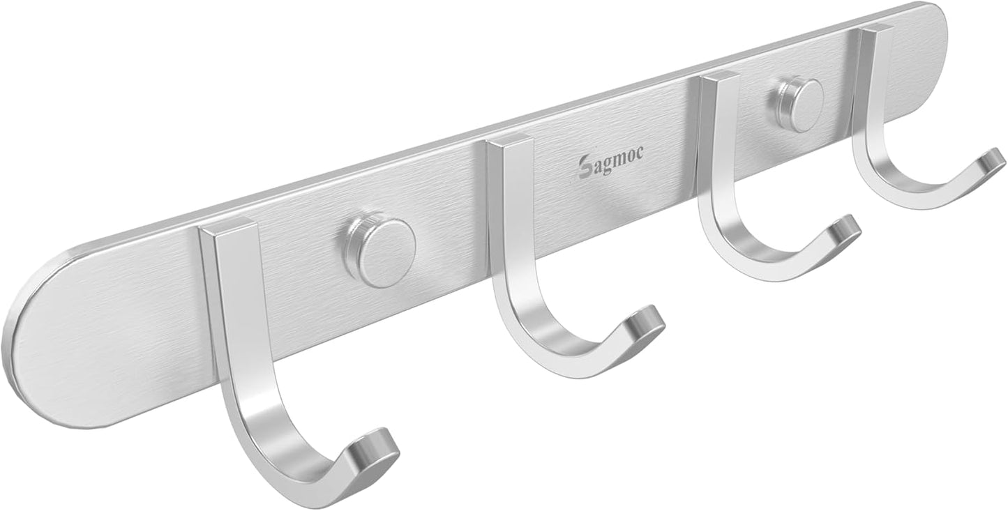 Coat Hook Rack Brushed Nickel 10.6-Inch Coat&Towel Hook Rail Wall Mounted with 4 Hooks, Durable Wall Hangers for Bedroom, Bathroom, Foyer, Hallway (SUS304 Stainless Steel)