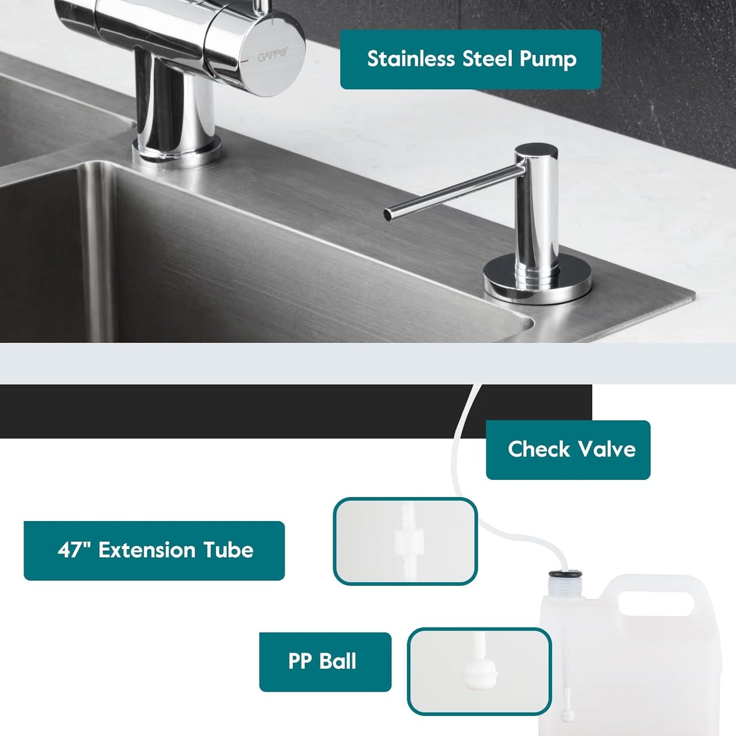 Gappo Soap Dispenser for Kitchen Sink Polished Chrome, Stainless Steel Countertop Pump, Built in Sink Soap Dispenser with 47" Extension Tube kit