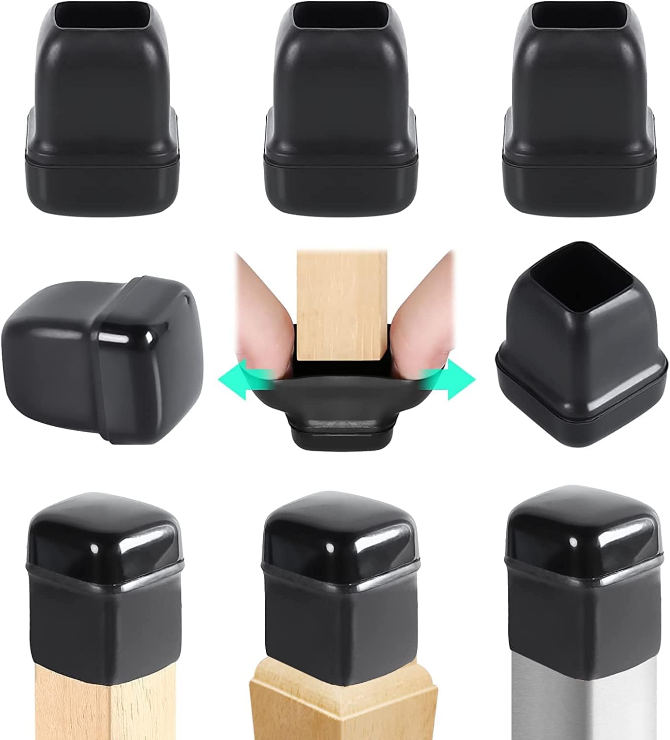 Ezprotekt 24 Pcs Chair Leg Sliders for Carpet, Square Black Teflon Furniture Glides Protectors Covers, Bar Stool Carpet Sliders Caps for Chair Table Desk Couch Legs (S Fit: 0.55"- 0.75")