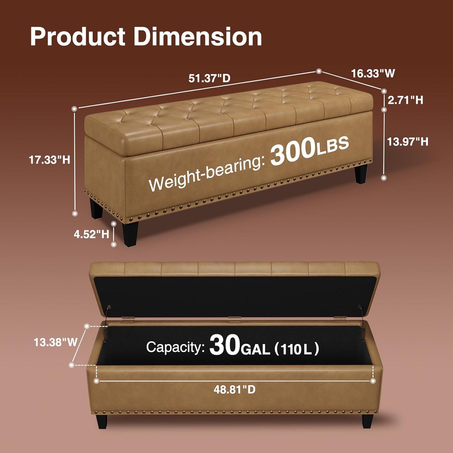 Storage Ottoman Bench, 51-Inch Large Storage Bench for Bedroom End of Bed, 30 Gallons Faux Leather Ottoman for Bedroom, Living Room, Entryway, Hallway, Camel