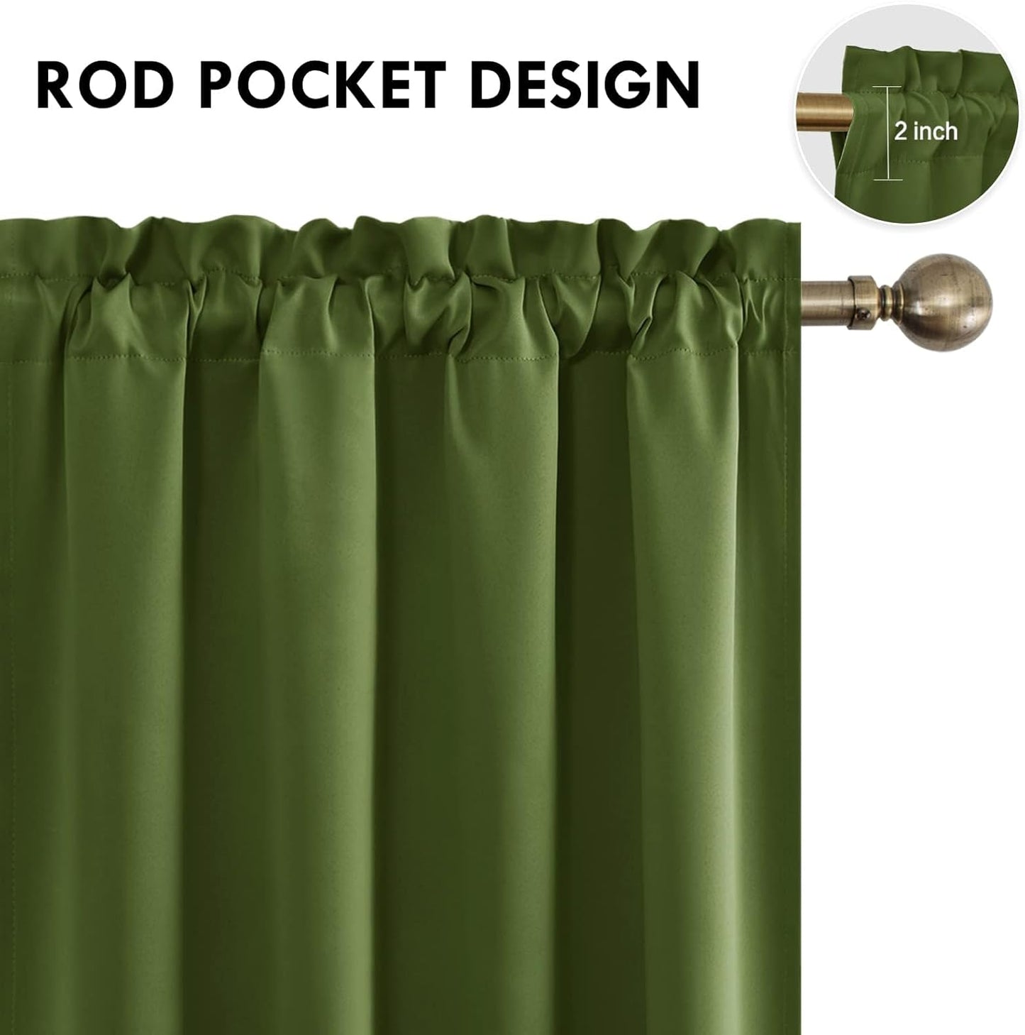 DWCN Blackout Curtains for Living Room Thermal Insulated, Energy Saving & Noise Reducing Bedroom Curtains, Olive Green, W 52x L 36 Inch, Set of 2 Rod Pocket Curtain Panels