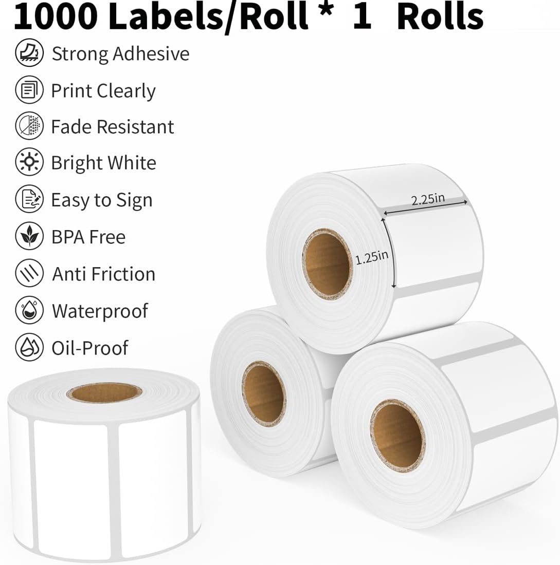 Thermal Labels 2-1/4 x 1-1/4, Adhesive Label Stickers 1000 Printer Papers for Barcode, FNSKU, Mailing, Shipping, Compatible with Zebra, Rollo and More Thermal Printer