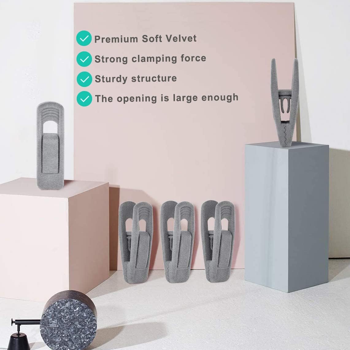 Grey Hanger Clips for Velvet Hangers - 40 PCS Gray Nonslip Velvet Hanger Clips, Skirt Hanger Flocking Clips Fit for Slim Velvet Hangers
