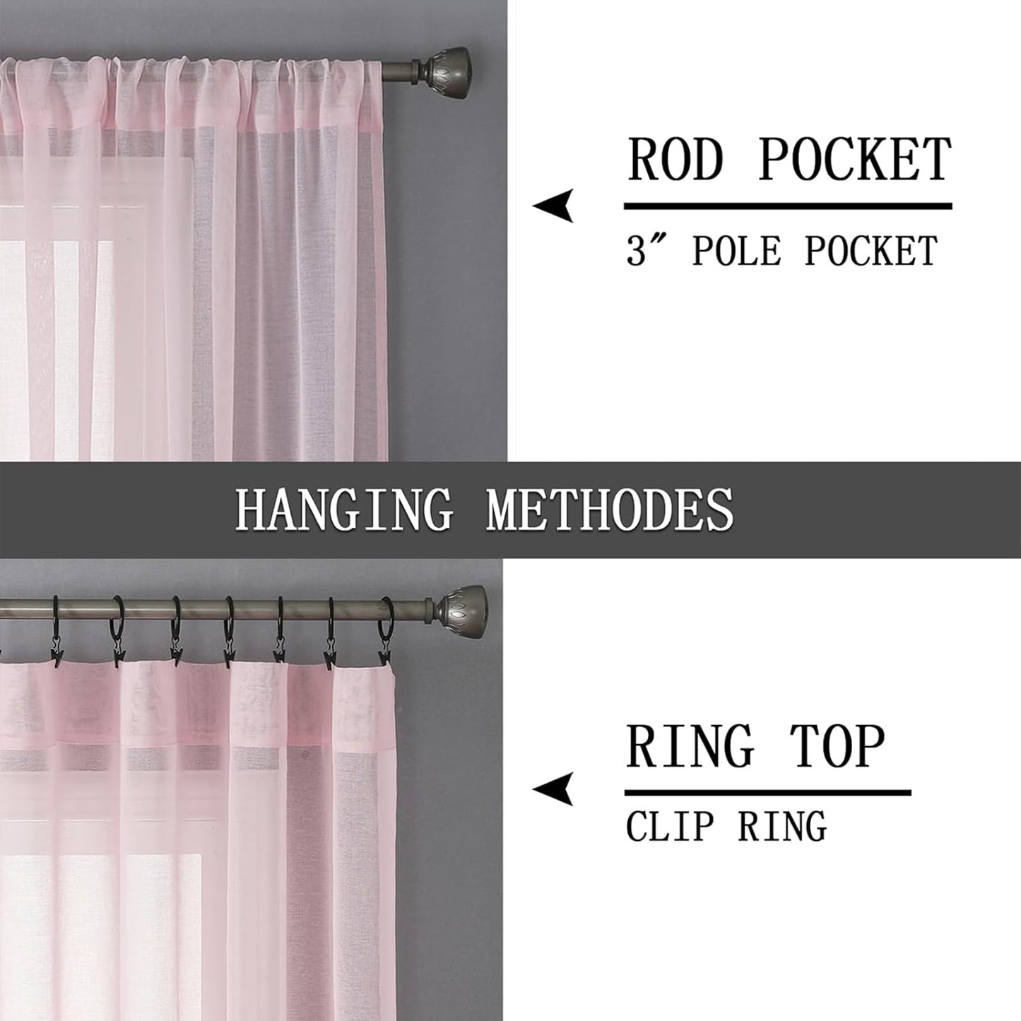 Tollpiz Short Sheer Curtain Living Room Linen Textured Curtains Sheer Light Filtering Voile Rod Pocket Curtain for Bedroom, 38 x 54 inches Long, Pink, Set of 2 Panels
