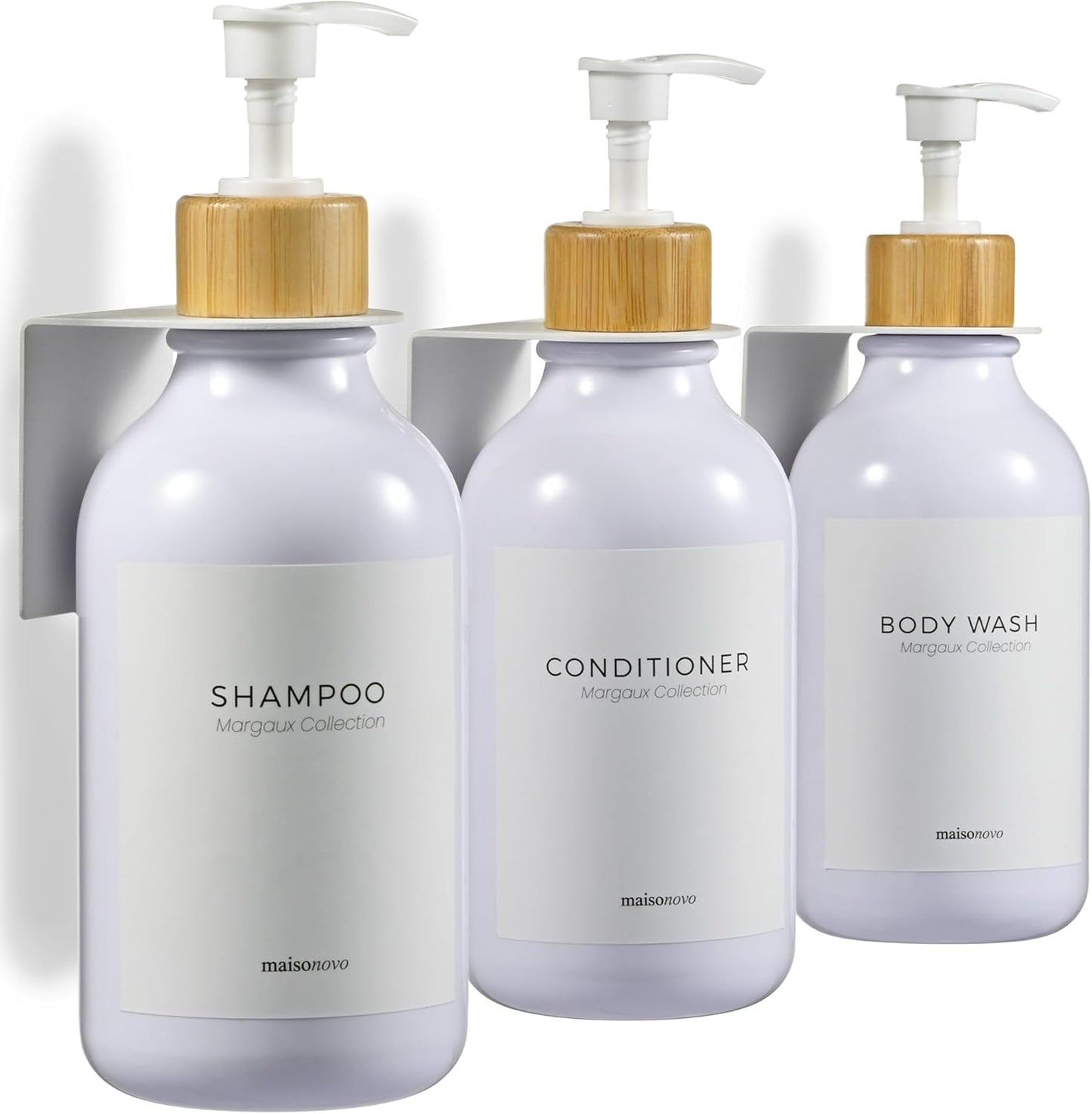 MaisoNovo Shampoo and Conditioner Dispenser - Shower Soap Dispenser Wall Mounted - 16.9 fl oz Set of 3 White Plastic Bottles Bamboo Pump - 3 Chamber No Drill
