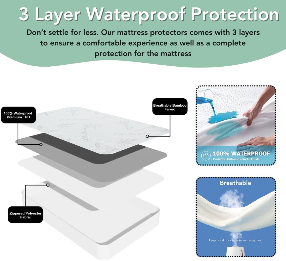 Bamboo Rayon Mattress Protector with Zipper + 2 Pillow Protectors - 100% Waterproof Cooling Queen Size Cover - Ultra Soft Fabric Breathable Noiseless Mattress Pad Covers Zippered Encasement