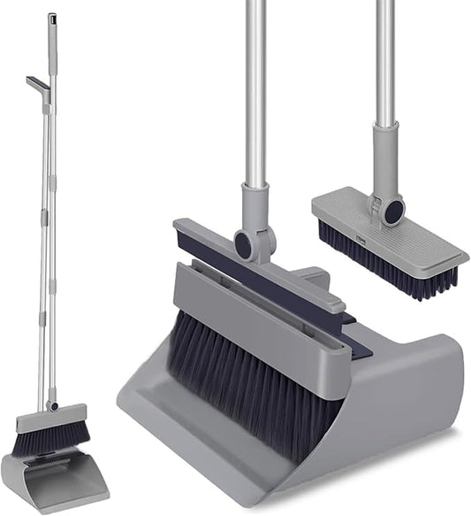 SDSM 4 in 1 Multifunctional Broom and Dustpan Combo Set, Heavy Duty Brooms with 52" Long Handle, with Squeegee and Cleaning Brush, for Clean Home Kitchen Bathroom Office, Sweeping indoor Outdoor Floor