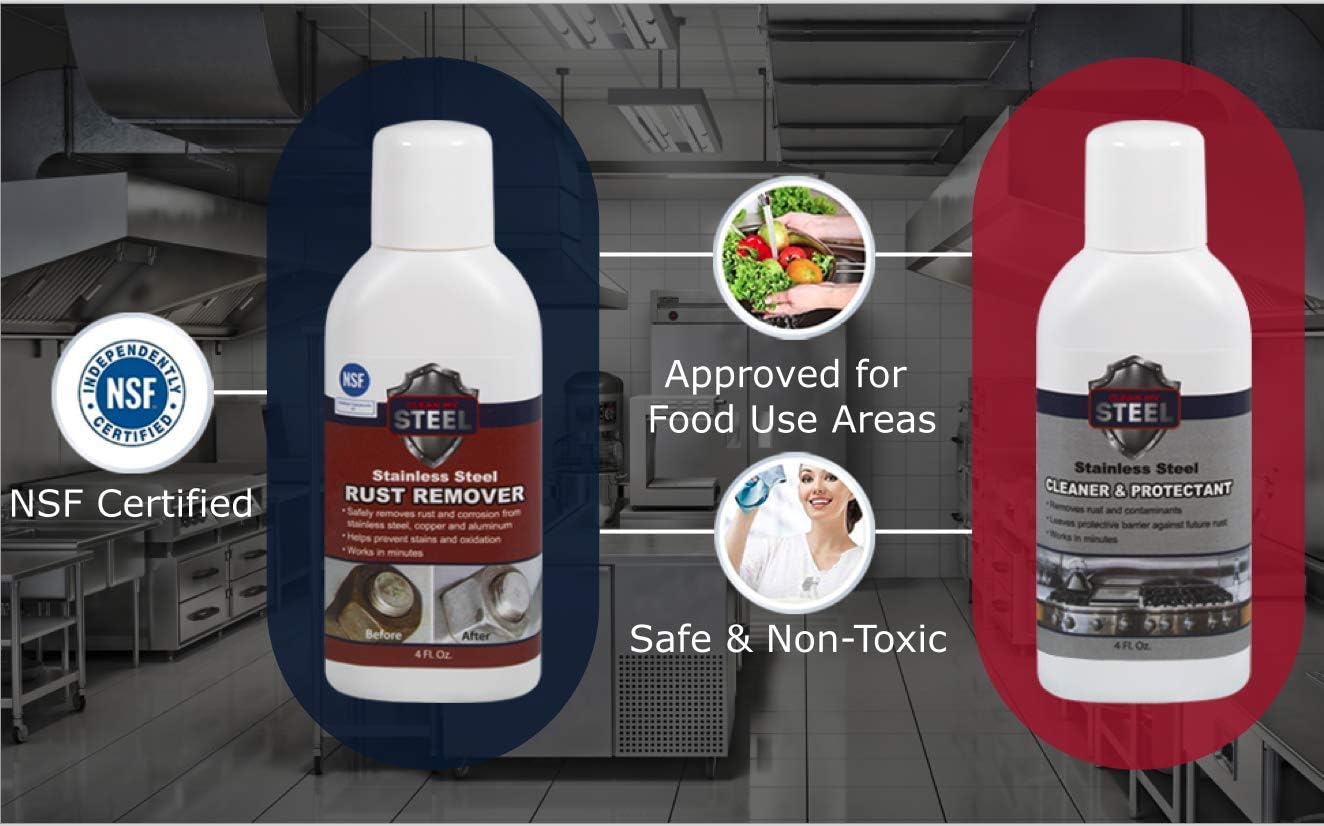CLEAN MY STEEL – Stainless Steel Rust Stain Remover Kit with Protector – Fast Acting for Commercial Equipment Rust Cleaner for Appliances, Grills & More – Food-Safe Stainless Steel Cleaner (4 oz)