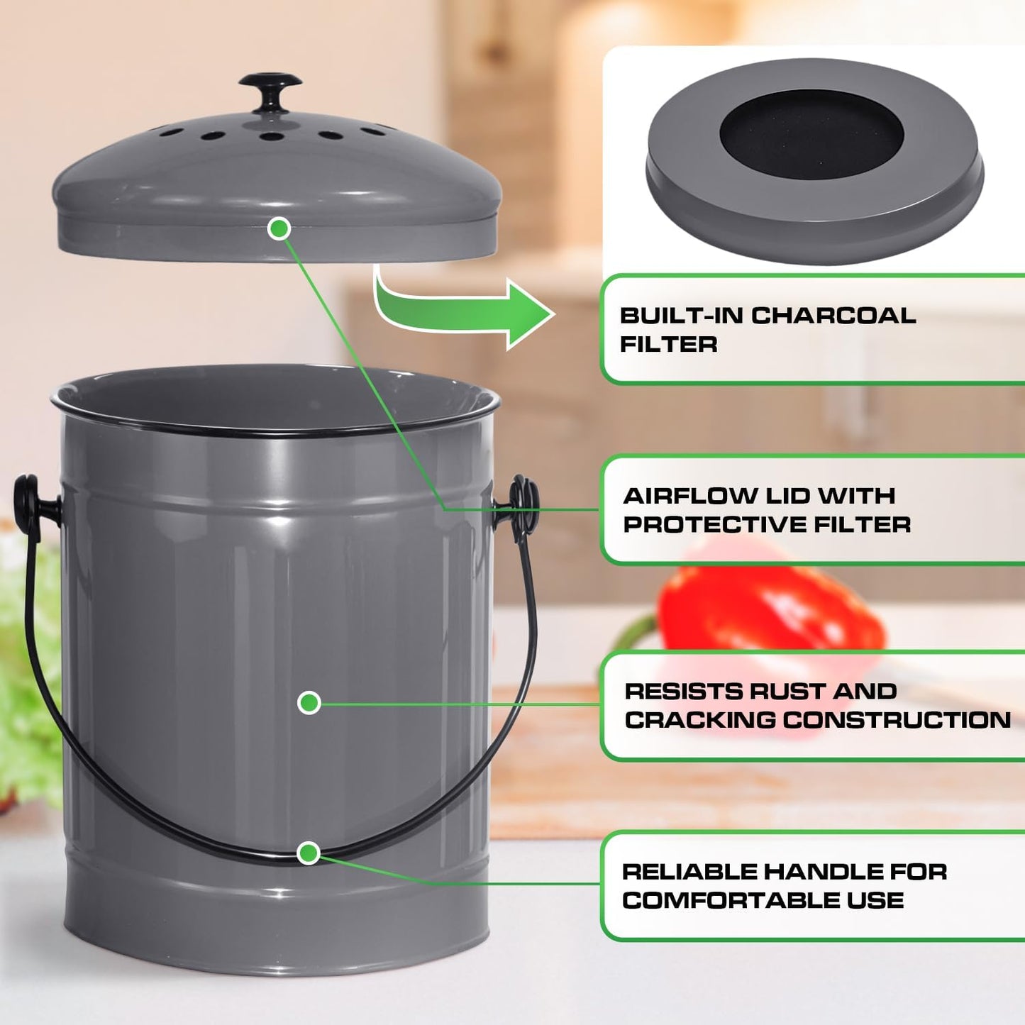 Plexon Countertop Compost Bin Kitchen with Lid, Gray 1.5 Gallon Odorless Container, Steel Food Compost Bucket for Kitchen with Charcoal Filter, Compost Pail for Countertop