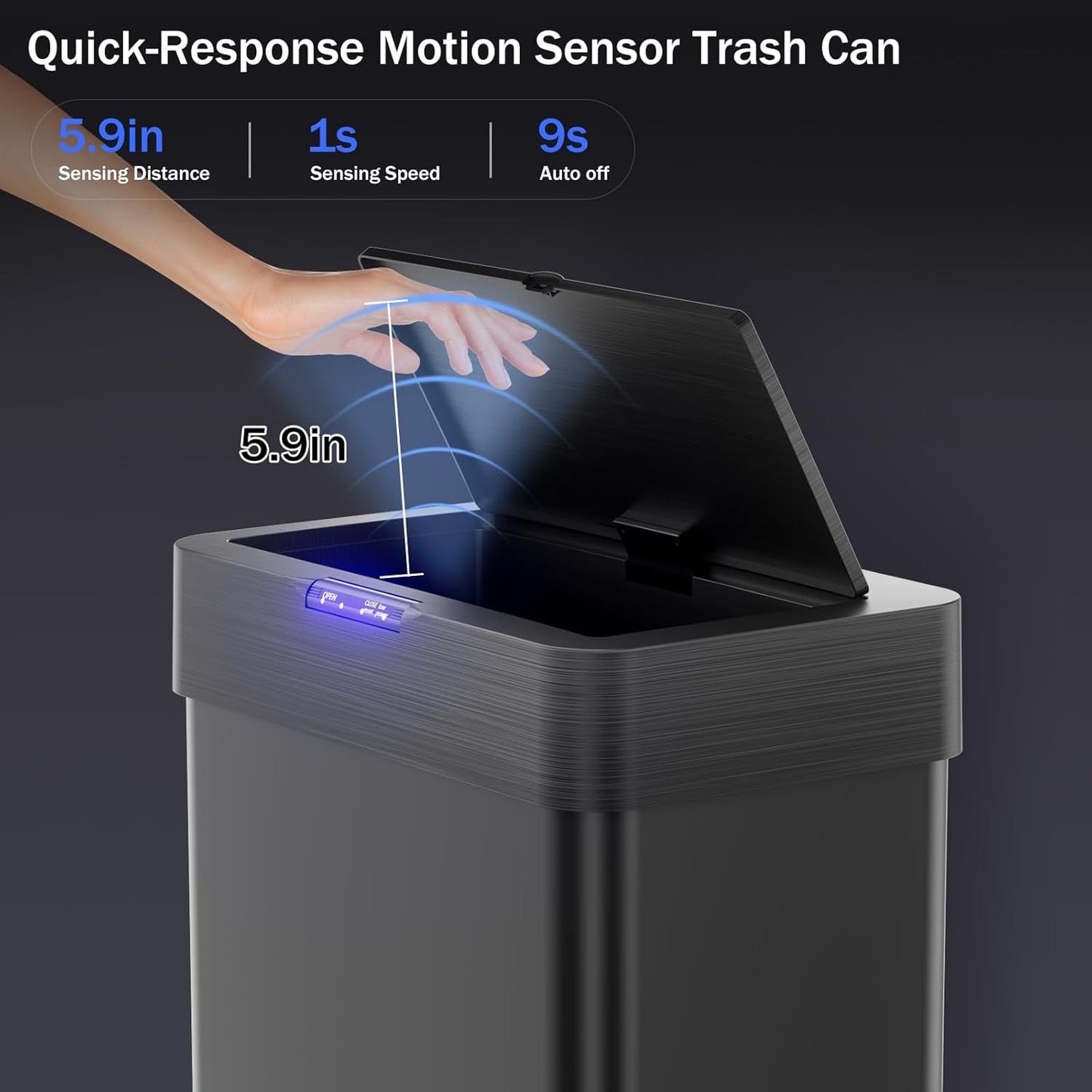 TLSUNNY 13.2 Gallon Motion Sensor Trash Can,Touchless Automatic Garbage Can,Brushed Stainless Steel Smart Bin,with Bag Holder,Soft Close Lid,for Kitchen,Office,RV,Bedroom,Living Room (Black, 50L)