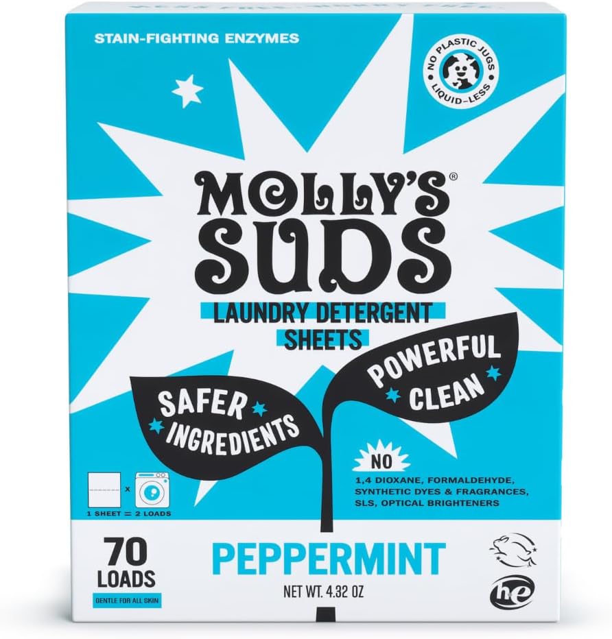 Molly’s Suds Laundry Detergent Sheets | Gentle on Sensitive Skin, Powerful Bio-Based Enzymes, Stain-Fighting | Liquidless & Plastic-Free Packaging | 70 Loads (Peppermint)