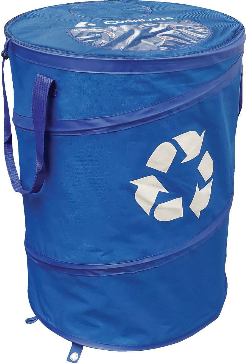 Coghlan's Deluxe Durable Pop-Up Recycling Can – Collapsible Bin with Zippered Lid, Bag Clips, and Anchoring Points for Camping, Home, and Outdoor Use – 29.5 Gallon