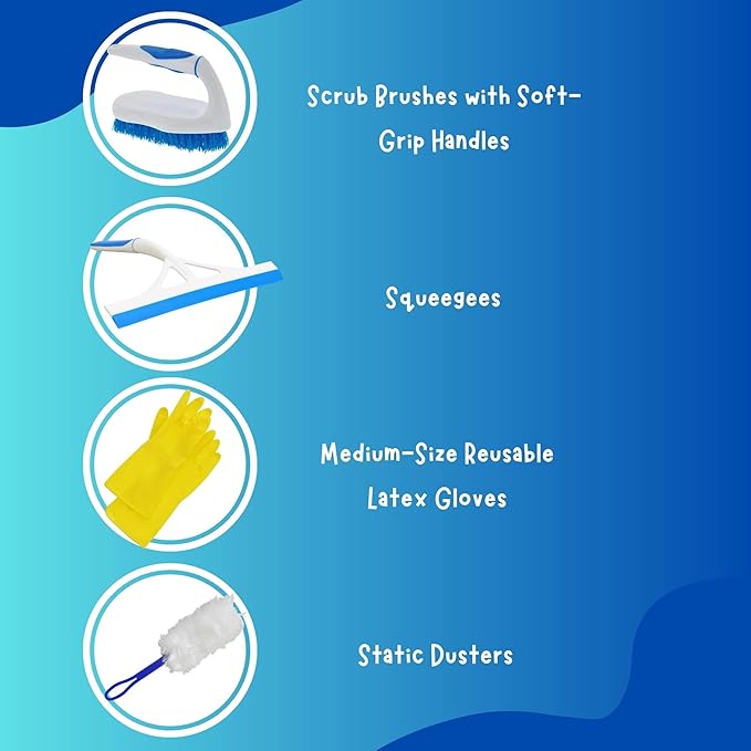 Cleaning Supplies Bundle, Home Office School Restaurants Bathroom Kitchen Laundry Floor Windows Walls Toilet Cars Appliances Furniture Household Chores Tools Brush Gloves Sponge Squeegees