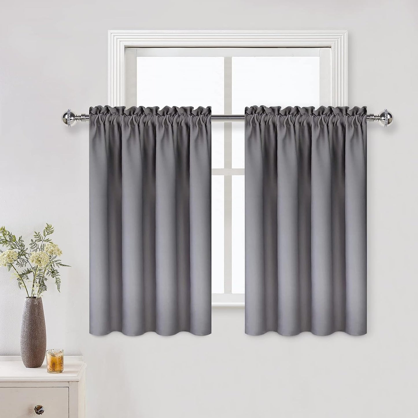 DWCN Short Grey Blackout Curtains for Small Window, Thermal Insulated Energy Saving Room Darkening Curtains for Kitchen/Bedroom (W42 x L36 inch, Set of 2 Panels, Top of Rod Pocket)