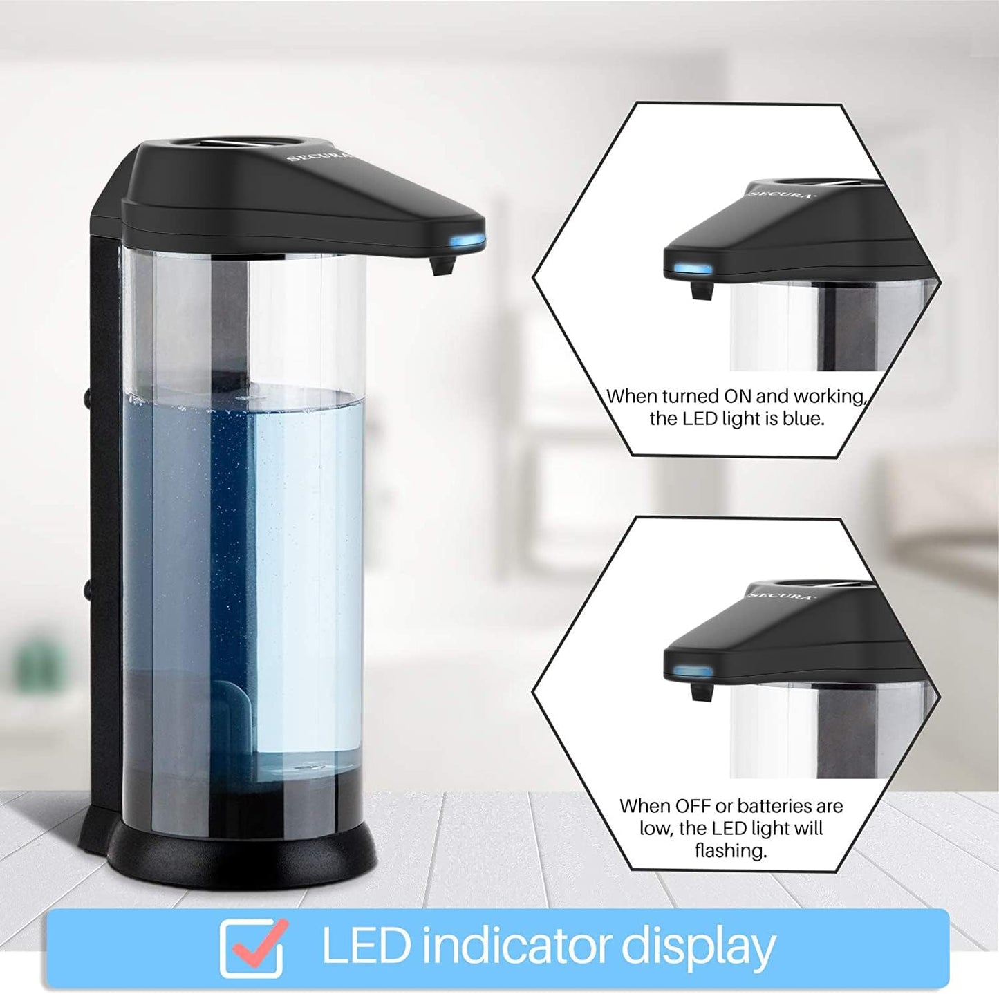Secura 17oz Automatic Liquid Soap Dispenser, Touchless Battery Operated Hand Soap Dispenser with Adjustable Soap Dispensing Volume Control Dial, Personal Care Dispenser (Black)