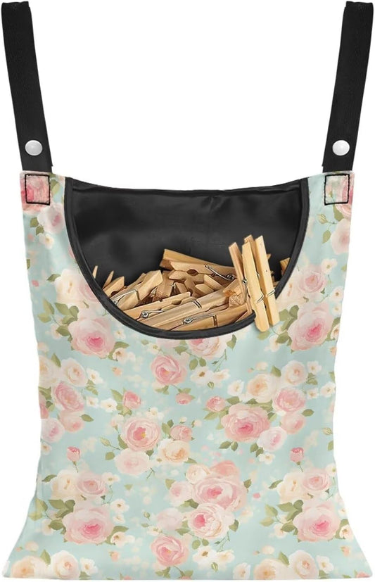 Clothes Pin Hanging Bag, Large Capacity Clothespin Bag Clothes Pin Hanging Bag Space-Saving Organize Clothespin Bag for Outdoor - Rose Pink Pattern