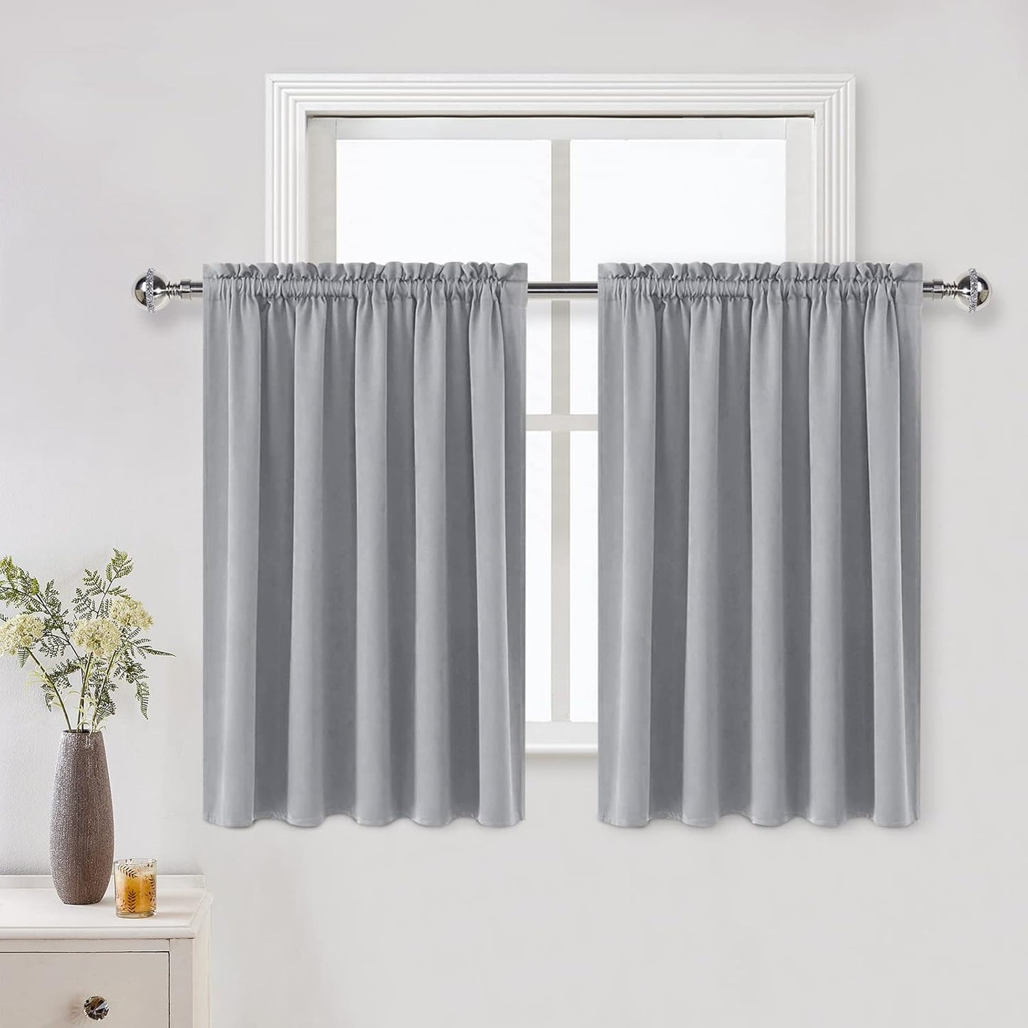 DWCN Silver Grey Short Blackout Curtains for Bedroom, Thermal Insulated Energy Saving Room Darkening Curtains for Living Room (W60 x L36 inch, Set of 2 Panels, Top of Rod Pocket)