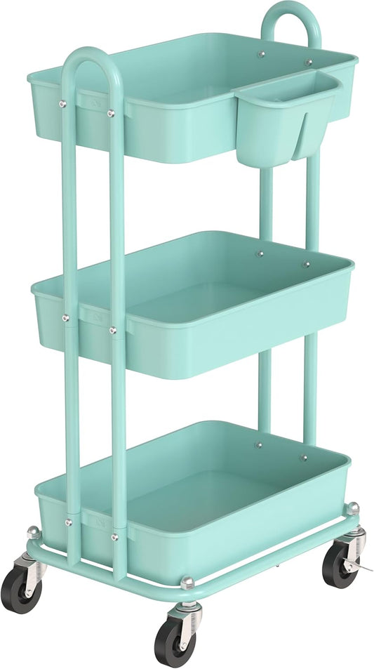 Simple Houseware 3-Tier Multifunctional Rolling Utility Cart with Hanging Bucket, Turquoise