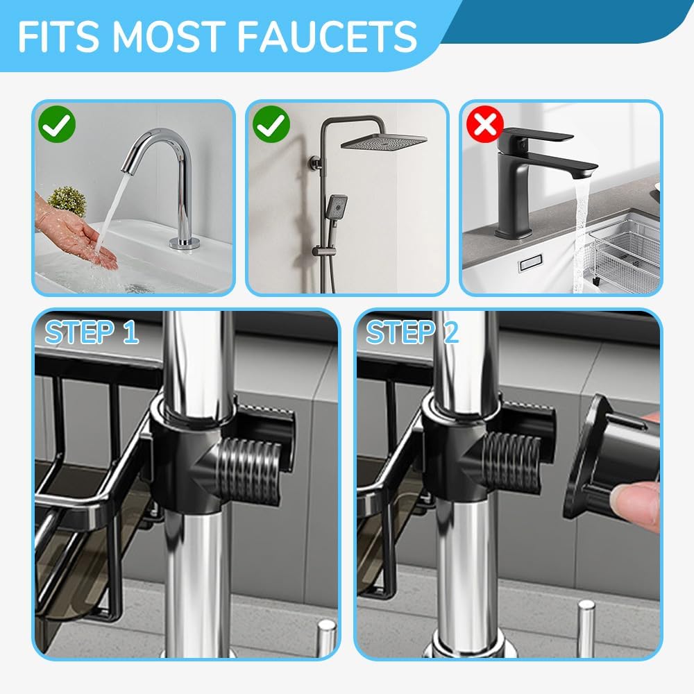 Sink organizer rack for kitchen and bathroom, 2024 New Kitchen Sink Faucet Organizer with Drip Tray Faucet Sponge Holder (Silver, Left)
