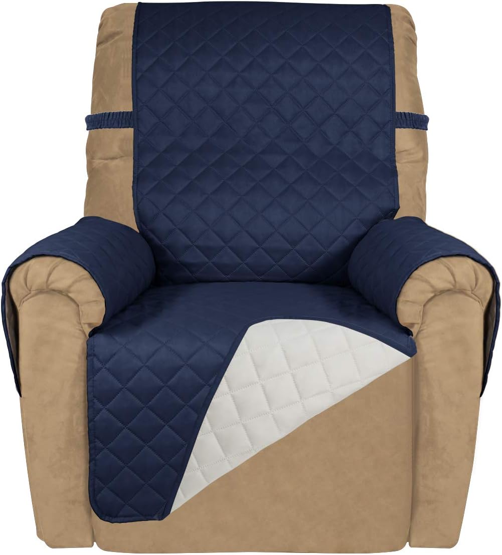 PureFit Reversible Quilted Sofa Cover, Water Resistant Slipcover Furniture Protector, Washable Couch Cover with Non Slip and Elastic Straps for Kids, Dogs, Pets (Small Recliner, Navy/Ivory)