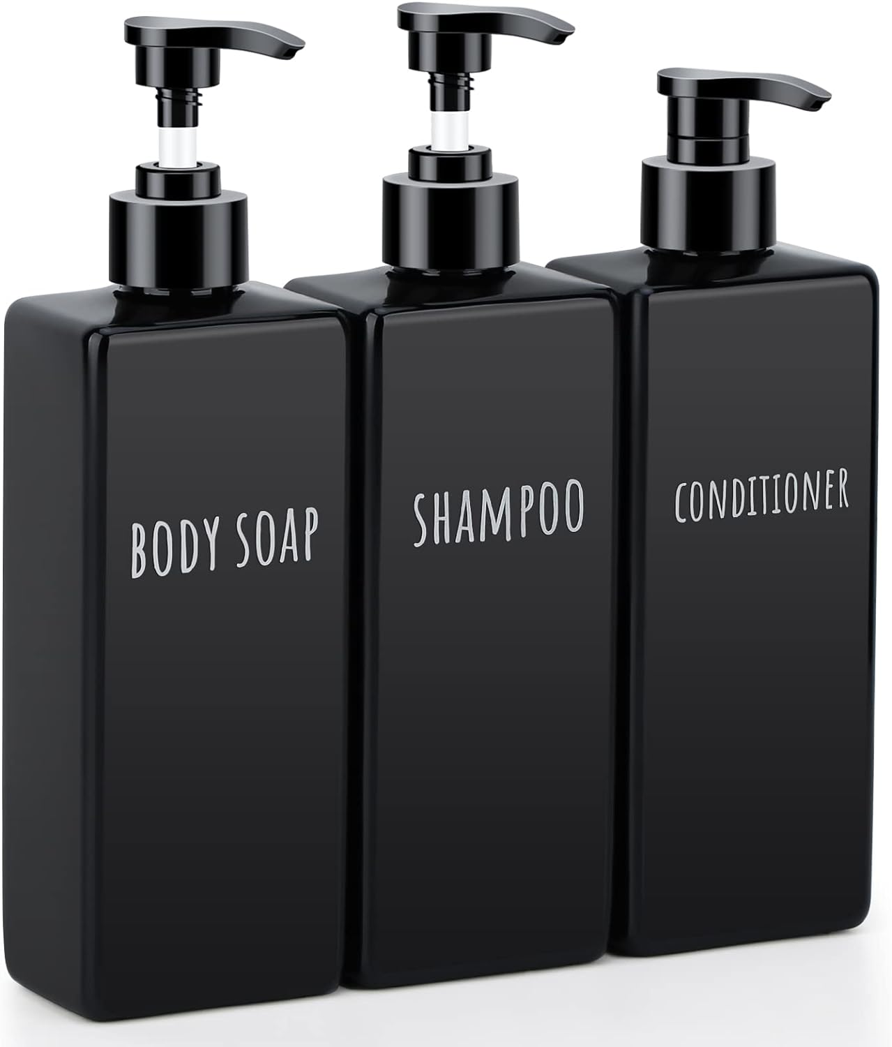 Segbeauty Plastic Square Soap Dispenser Black, 3pcs 16.9oz Refillable Shampoo and Conditioner Bottles, 500ml Empty Reusable Pump Bottle Bathroom Shower Dispenser Set for Body Wash Liquid Gel Lotion