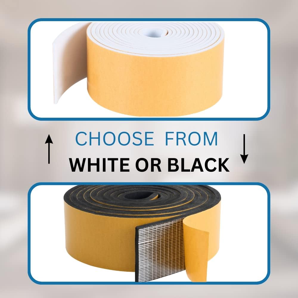 High Density Foam Weather Stripping Door Seal Strip Insulation Tape Roll for Insulating Door Frame, Window, Air Conditioner | Self Adhesive Sealing Weatherstrip (2 in x 1/16 in x 10 Ft, Black)