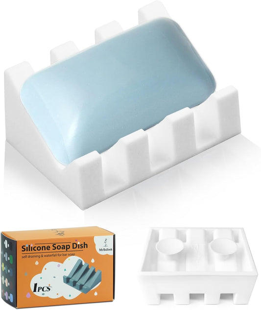 Silicone Soap Dish for Bar Soap Holder for Shower Bathroom Self Draining Waterfall Drying Tray Keep Soap Bars Dry Clean & Easy Cleaning (White, 1)