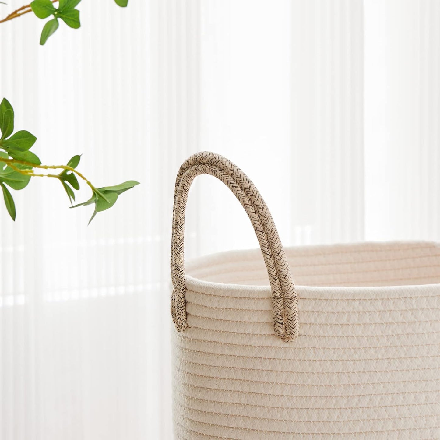 VIPOSCO Large Laundry Hamper, Tall Woven Rope Storage Basket for Blanket, Toys, Dirty Clothes in Living Room, Bathroom, Bedroom - 58L White & Brown
