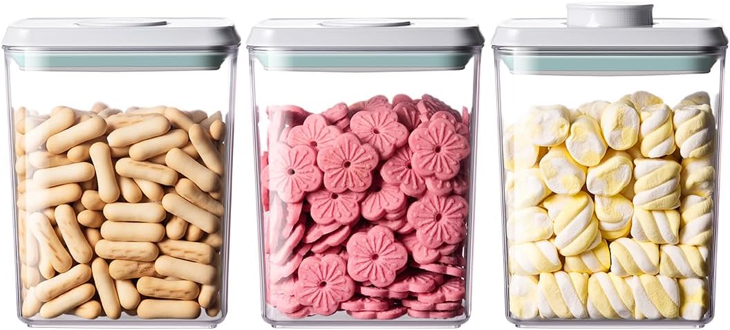Airtight Food Storage Containers,1.3Qt 3Pcs Pop Food Containers with Lids, Stackable One Button Opening Kitchen Pantry Organizers and Storage, BPA-Free Food Containers Set for Snacks Candy Spices