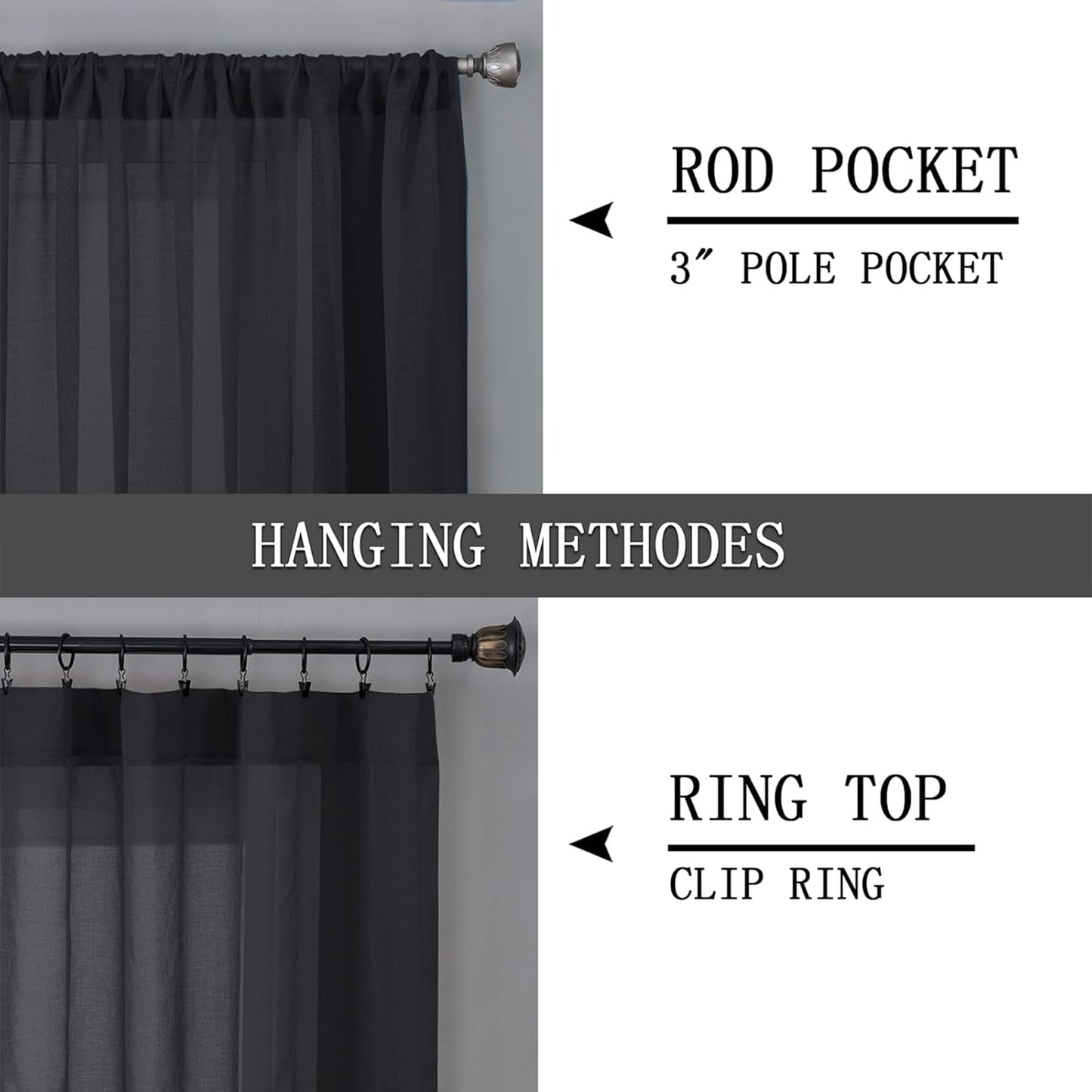 Tollpiz Sheer Curtains Living Room Linen Textured Curtain Sheers Light Filtering Voile Rod Pocket Curtains for Bedroom, 38 x 63 inches Long, Black, Set of 2 Panels
