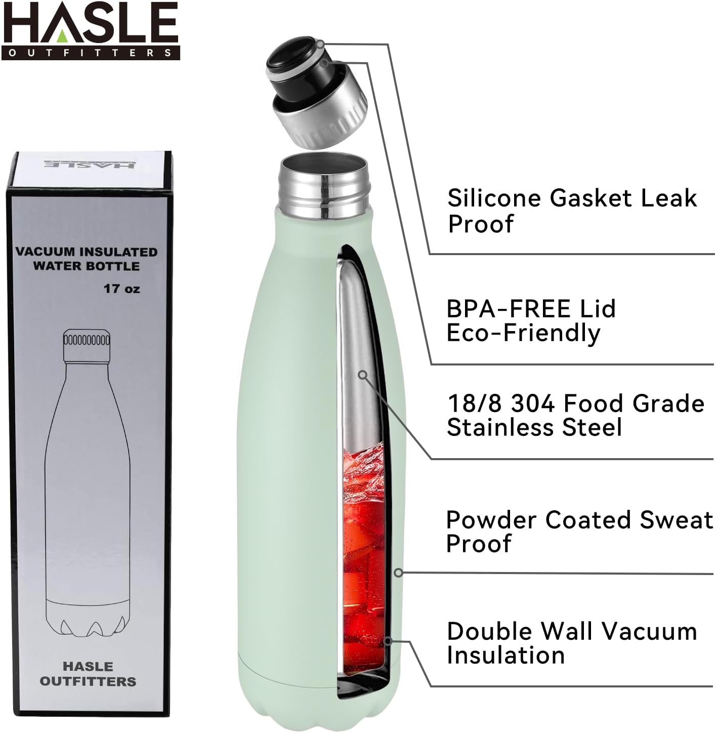 HASLE OUTFITTERS 17oz Stainless Steel Water Bottles Bulk, Vacuum Insulated Water Bottles Double Walled Powder Coated Reusable Metal Sports Water Bottles Keep Drinks Hot and Cold, Light Green, 4Packs