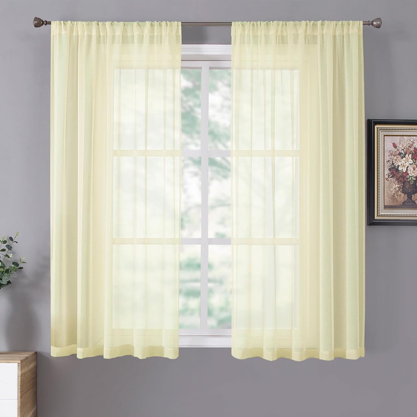 Tollpiz Sheer Curtains Linen Textured Bedroom Curtain Sheers Light Filtering Rod Pocket Voile Curtains for Living Room, 54 x 63 inches Long, Transparent Yellow, Set of 2 Panels