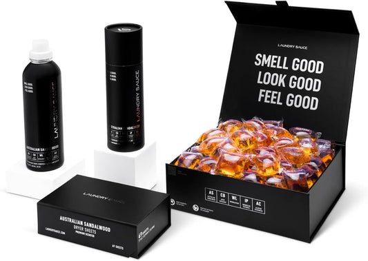 Laundry Sauce - Signature Bundle Australian Sandalwood, Scented Laundry Detergent Pods & Scent Booster, Fabric Softener, Dryer Sheets, Fabric Protection, Essential Oils, Long Lasting Luxury Fragrance