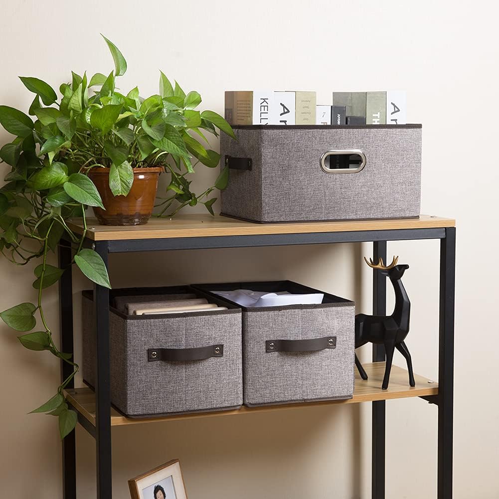 PRANDOM Fodable Storage Baskets for Closet [5-Pack] Decorative Fabric Storage Bins Cubes with Leather/Metal Handles for Shelves Bedroom Living Room Grey (11.5x8.5x6.7 Inch)
