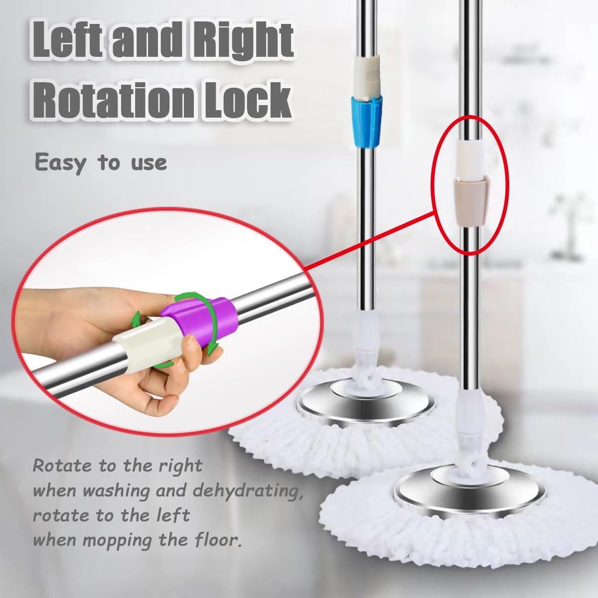 Extended Spin Mop Replacement Mop Handle, Upgraded 60-inch 360 Degrees Rotating Telescopic Replacement Mop Stick for Spin Mop Bucket Cleaning System (Stainless Steel Disc, Red)