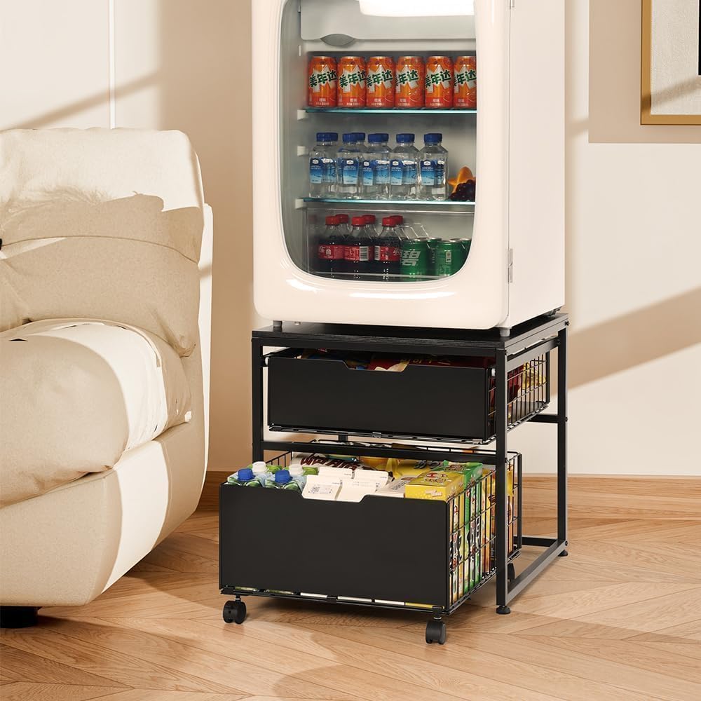 Mini Fridge Stand with Storage Drawer, 21.7”x21.7” Heavy Duty Mini Fridge Table with Wheels, Rolling Beverage Cart with Basket for Home, Office, Bedroom