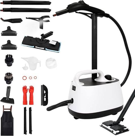 Steam Cleaner,Multipurpose Neat Canister Steamer with 21 Accessories, 5 Mins Heating with 1.5L Tank,Rolling Cleaning Machine for Carpet, Floors,Windows,Mirrors,Glass and Cars (White)