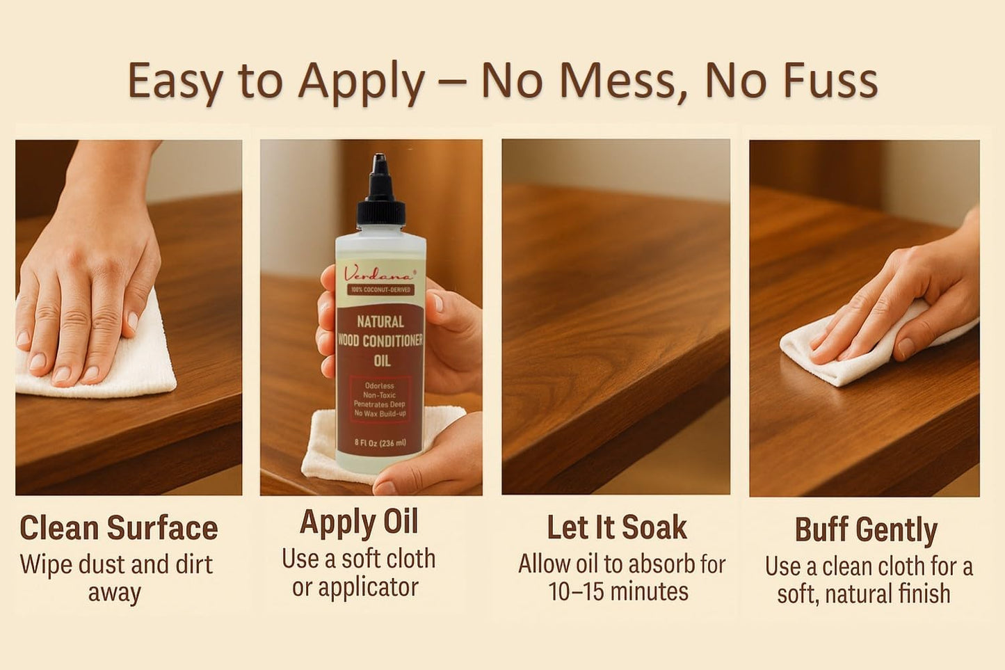 Verdana Natural Wood Conditioner Oil – 8 fl oz – Odorless, Non-Toxic Coconut Oil Polish for Furniture – No Wax Buildup - Nourishes, Restores & Rejuvenates Wood Furniture