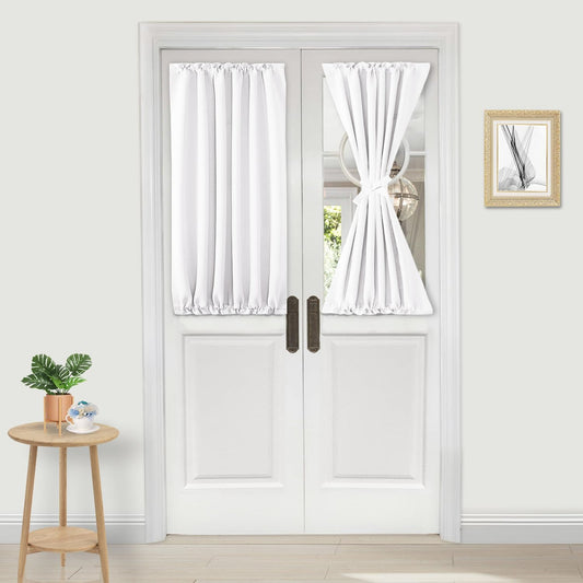 DWCN French Door Curtains – Rod Pocket Thermal Curtain for Doors with Glass Window, Kitchen and Patio Doors for Privacy, 25 X 40 Inches Long, 1 Curtain Panel with Tieback, Pure White