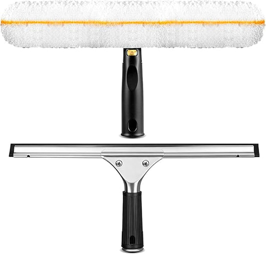 Professional Window Cleaning Squeegee Kit- 14" Squeegee & Microfiber Rotatable Window Scrubber,All-Purpose Tile Shower Walls Window Glass Car Windshield Mirrors,Reusable Microfiber Sleeve
