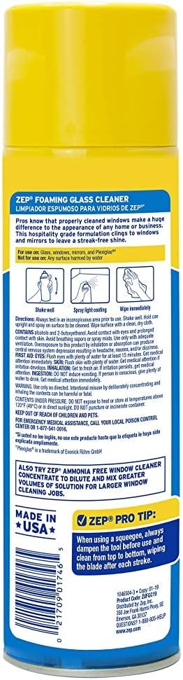 Zep Foaming Glass and Plexiglass Cleaner - 19 Ounces (Case of 2) ZUFGC19 - Foaming Formula Clings to Vertical Surfaces, Trusted by Pros
