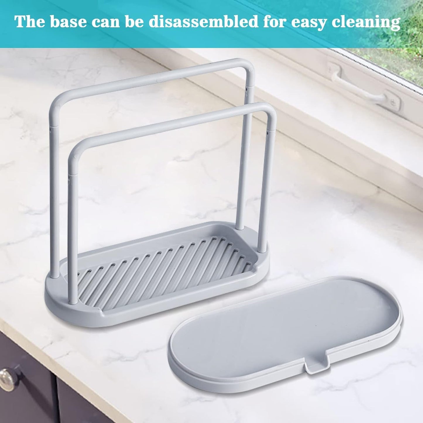 Kitchen Sponge Holder Dishcloth Hanger, Kitchen Sink Rack Tray Organizer Stand for Sponge, Dish Cloth, Rag, Brush, Scrubber Storage and Organization (Grey)