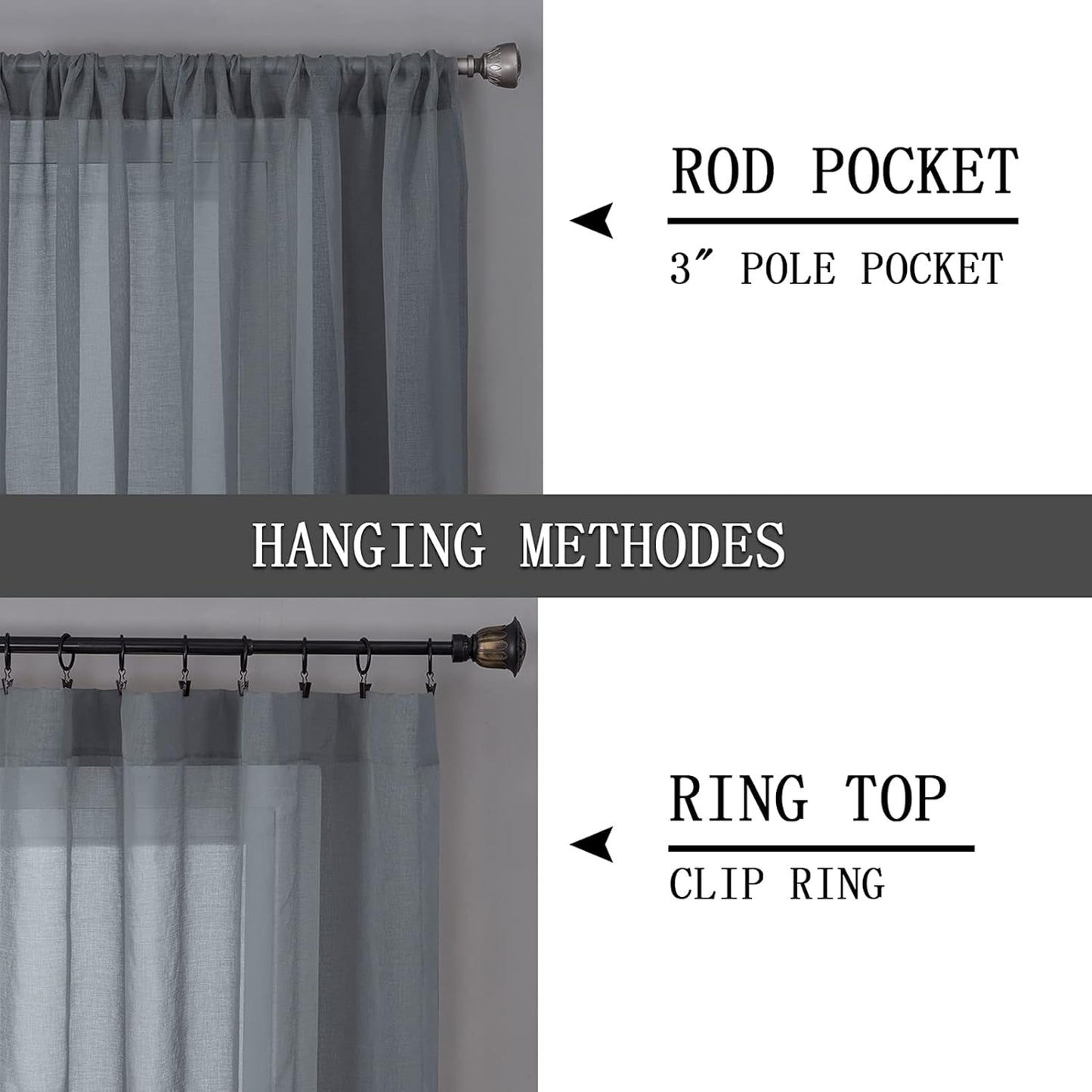 Tollpiz Sheer Curtain Linen Textured Bedroom Curtains Sheer Light Filtering Rod Pocket Voile Curtain for Living Room, 54 x 95 inches Long, Dark Grey, Set of 2 Panels