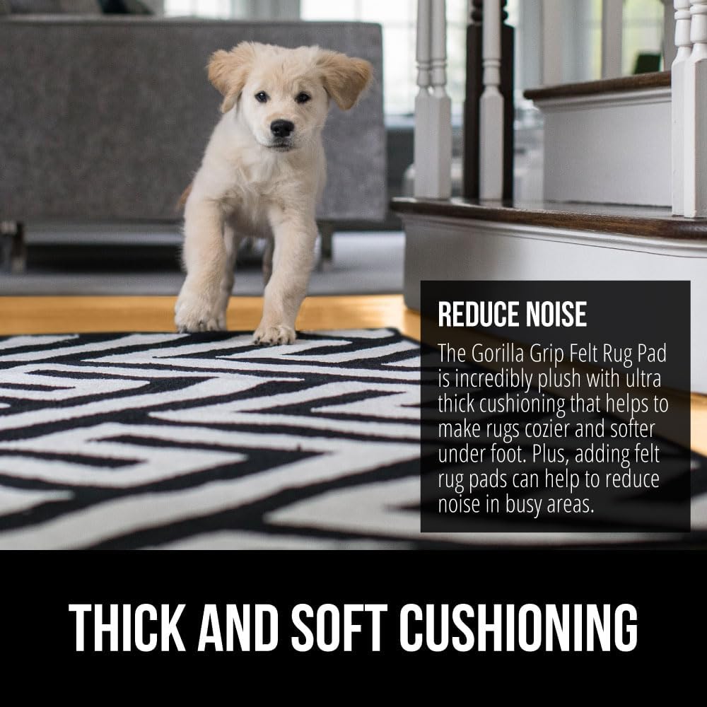 GORILLA GRIP Felt and Natural Rubber Stay in Place Slip Resistant Rug Pad, 1/8in Thick, 8x10 FT Protective Padding Under Area Rugs, Cushioned Gripper Pads, Carpet Runners, Hardwood Floors Protection