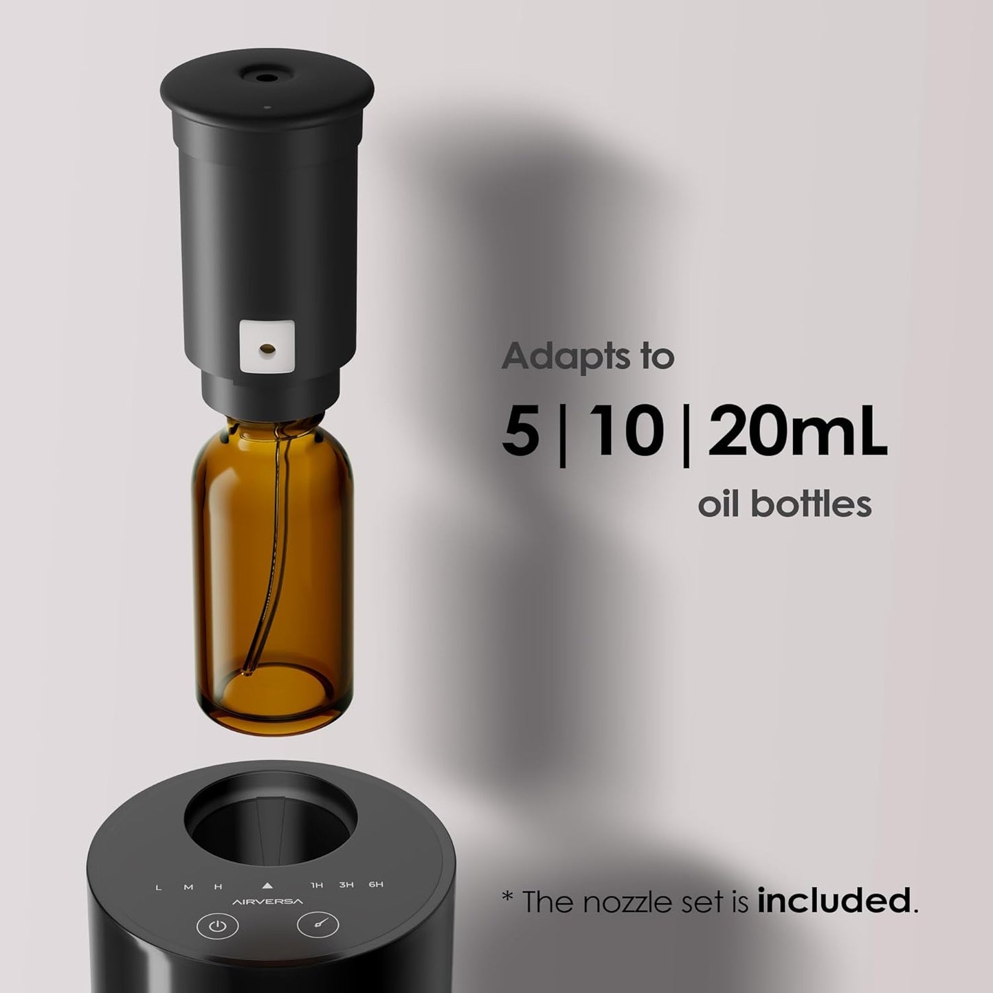 Airversa Waterless Diffuser for Essential Oil, Battery Operated Nebulizer, 0.7 Fl.Oz./ 20mL Capacity, Mini Scent Air Machine, 3 Countdown Timers & 3 Mist Levels for Home, Room, Car, Office - AN6 Black