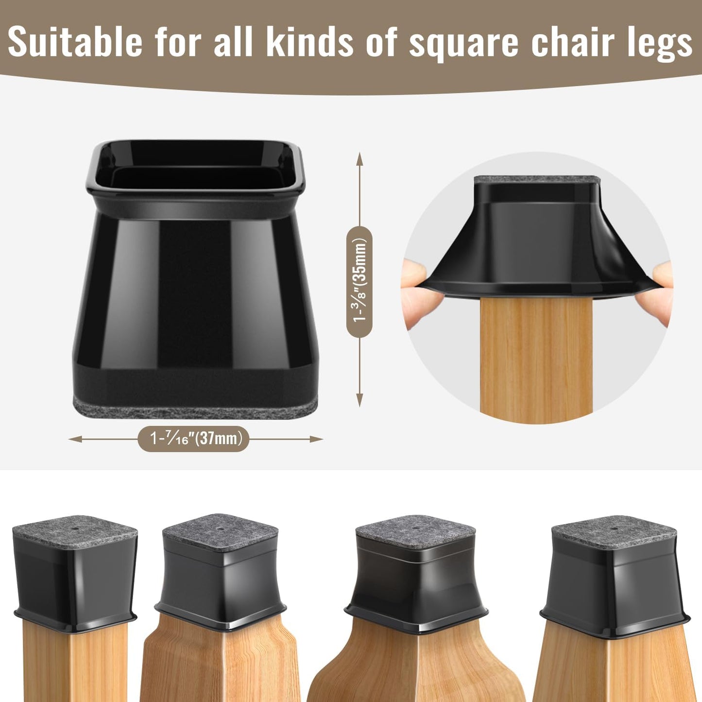BUMACO Chair Leg Floor Protectors Square Chair Leg Protectors for Hardwood Floors 40Pcs Silicone Covers to Protect Floors Square (Black-L Fit 1-1/16" to 1-5/8")