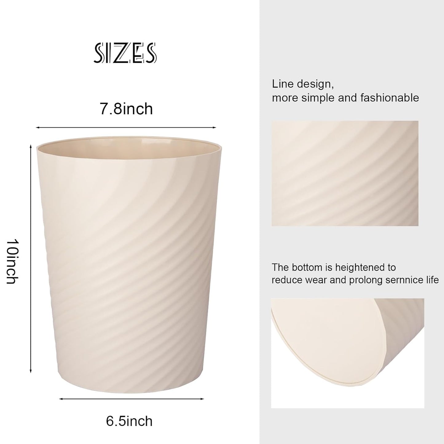 UUJOLY Plastic Small Trash Can Wastebasket, Garbage Container Basket for Bathrooms, Laundry Room, Kitchens, Offices, Kids Rooms, Dorms, (Beige, 1.8 Gallon)