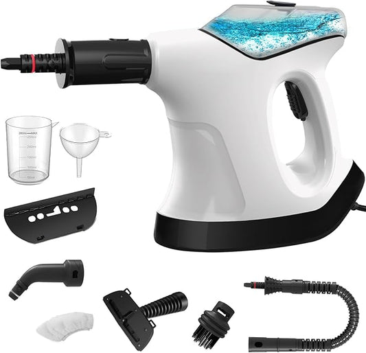 Handheld Steam Cleaner for Home, 10S Immediate Heat Hand Held Steam Cleaner, with Visualized Large Water Tank & 9 PCS Accessories & Safety Lock, for Kitchen,Couch,Floor,Window,Car (WHITE+BLACK)