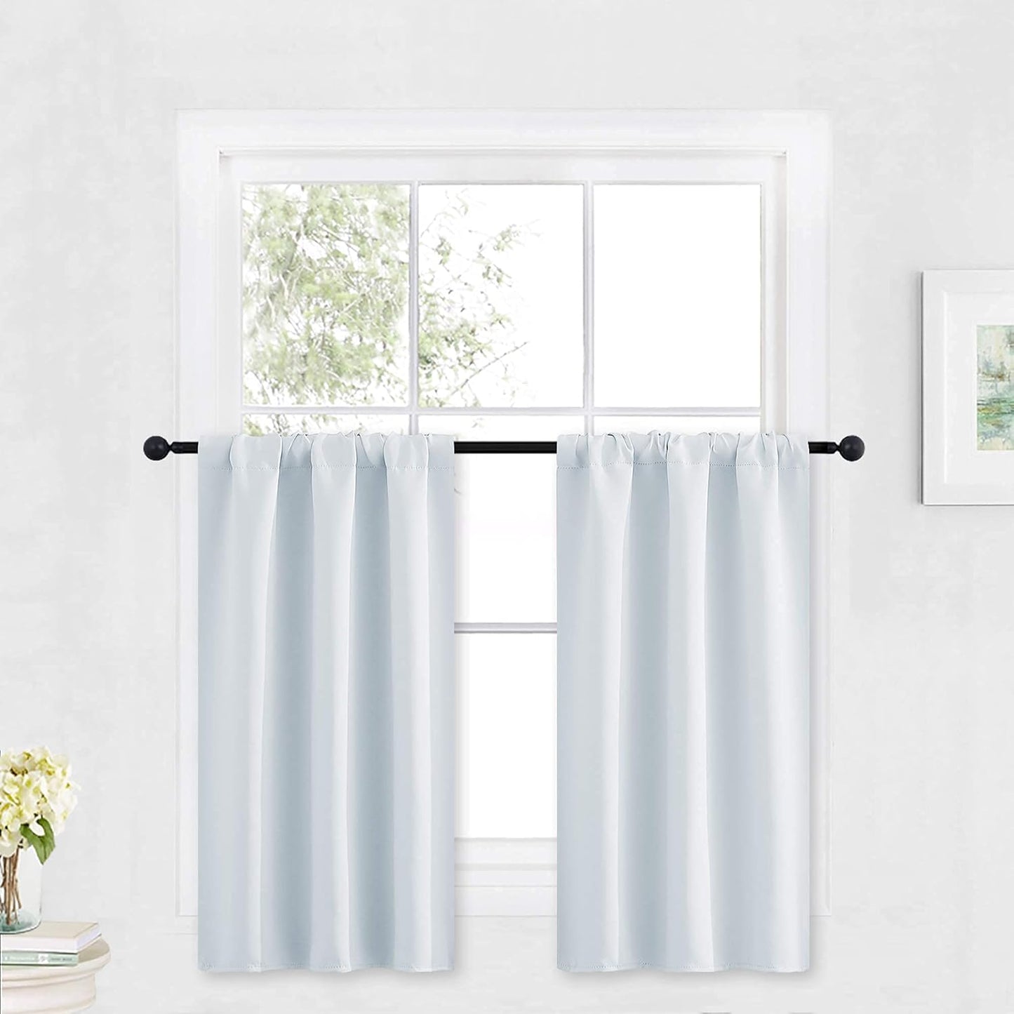 RYB HOME White Curtains for Bedroom - Room Darkening Curtains Thermal Insulated Sunlight Block for Kitchen Cabinet Basement Bathroom Window Covering, W 29 x L 36, Grayish White, 2 Panels