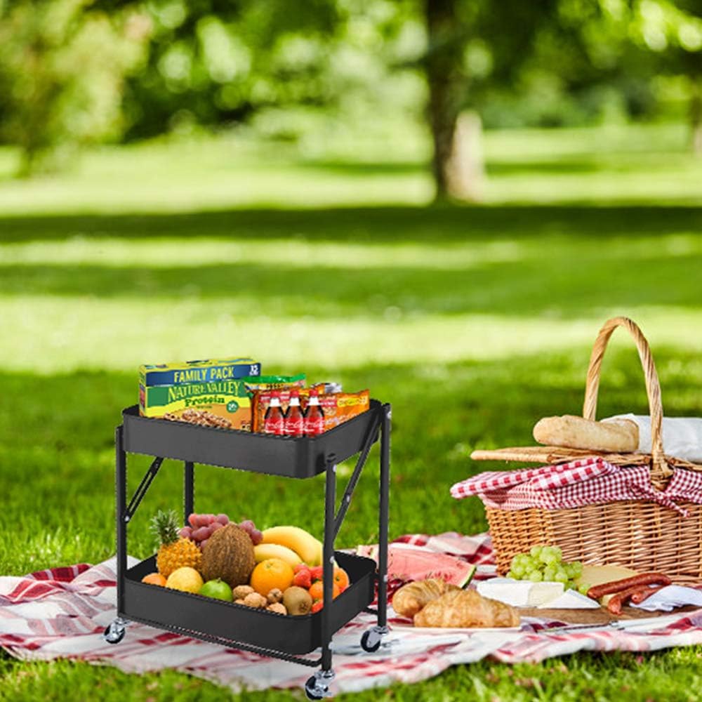 2-Tier Metal Folding Rolling Cart, Mobile Utility Cart Trolley Storage Organizer for Office Home Kitchen Organization, Sofa Side End Table with Wheels, Black